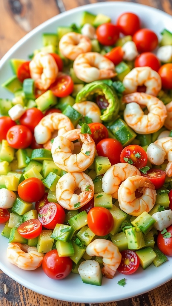 Delicious Whole30 Appetizer Recipes A colorful Whole30 appetizer platter with shrimp and fresh vegetables on a wooden table.